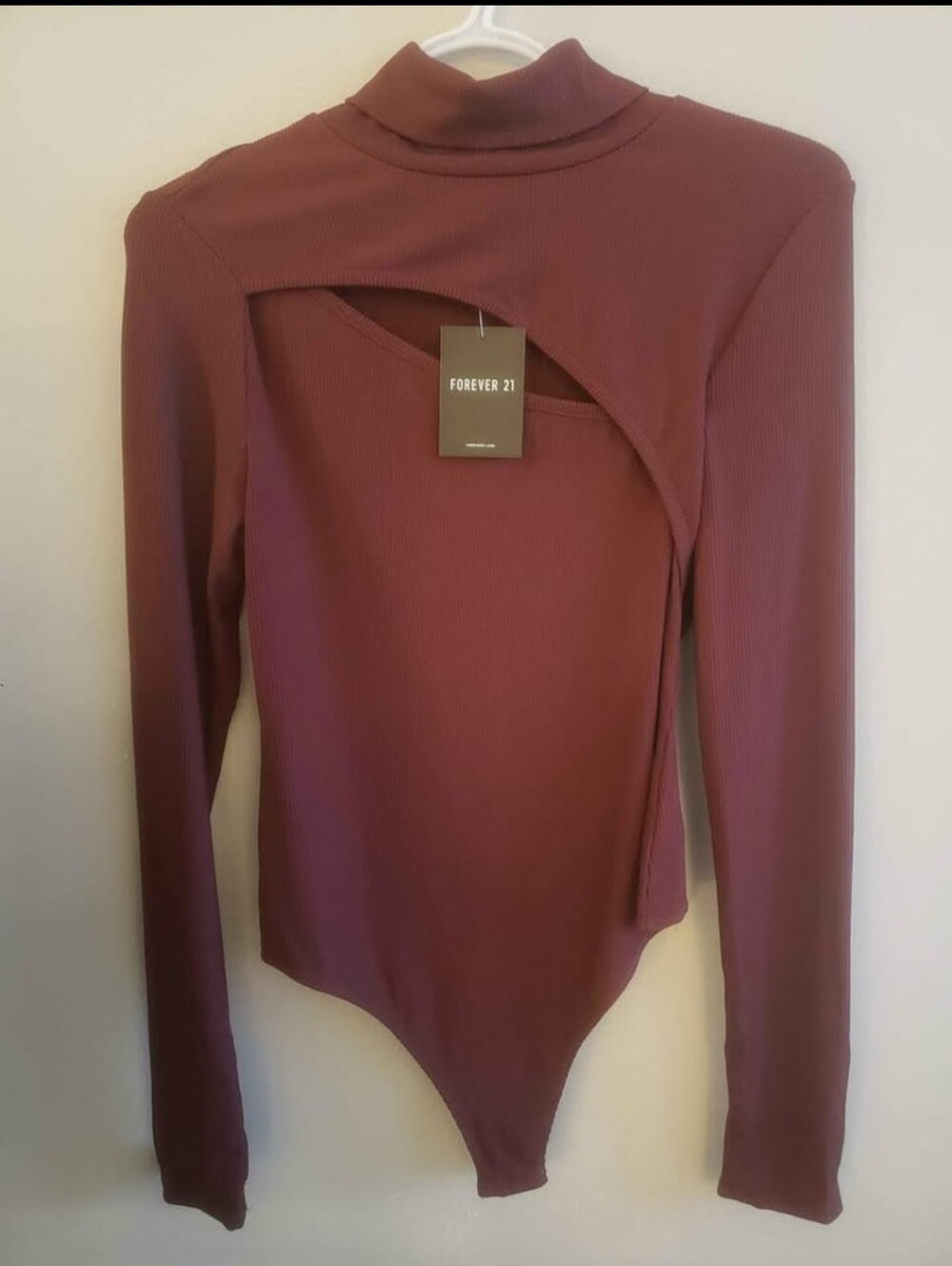 Forever 21 Plum Ribbed Long-Sleeve Cutout Bodysuit